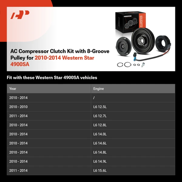 AC Compressor Clutch Kit with 8-Groove Pulley for 2010-2014 Western Star 4900SA