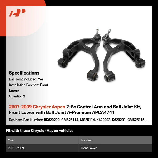 2007-2009 Chrysler Aspen 2-Pc Control Arm and Ball Joint Kit, Front Lower with Ball Joint A-Premium APCA4741