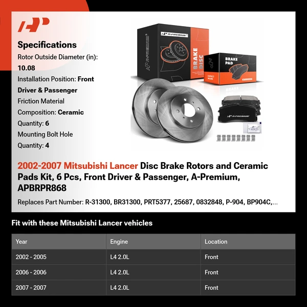 2002-2007 Mitsubishi Lancer Disc Brake Rotors and Ceramic Pads Kit, 6 Pcs, Front Driver & Passenger, A-Premium, APBRPR868