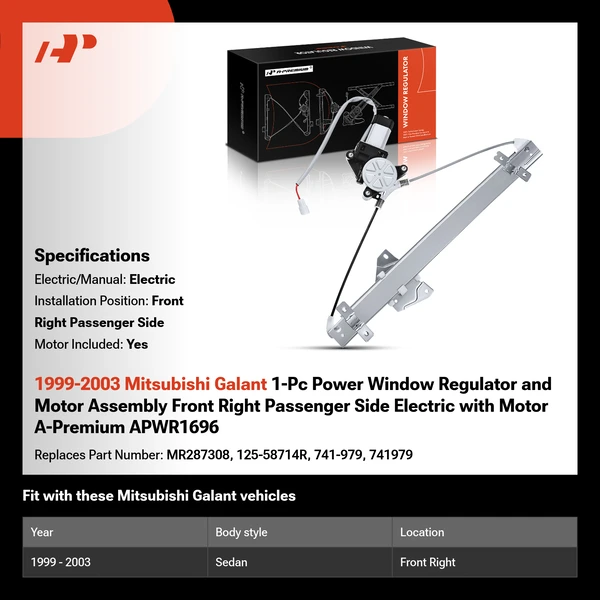 1999-2003 Mitsubishi Galant 1-Pc Power Window Regulator and Motor Assembly Front Right Passenger Side Electric with Motor A-Premium APWR1696