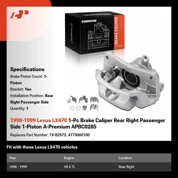 1998-1999 Lexus LX470 1-Pc Brake Caliper Rear Right Passenger Side 1-Piston A-Premium APBC0285