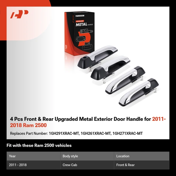 4 Pcs Front & Rear Upgraded Metal Exterior Door Handle for 2011-2018 Ram 2500
