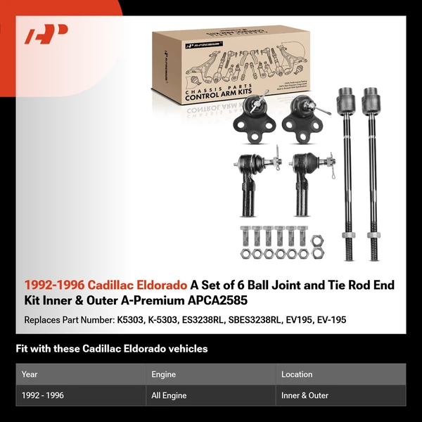 1992-1996 Cadillac Eldorado A Set of 6 Ball Joint and Tie Rod End Kit Inner & Outer A-Premium APCA2585