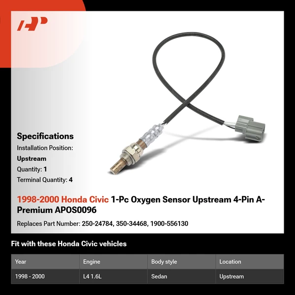 1998-2000 Honda Civic 1-Pc Oxygen Sensor Upstream 4-Pin A-Premium APOS0096