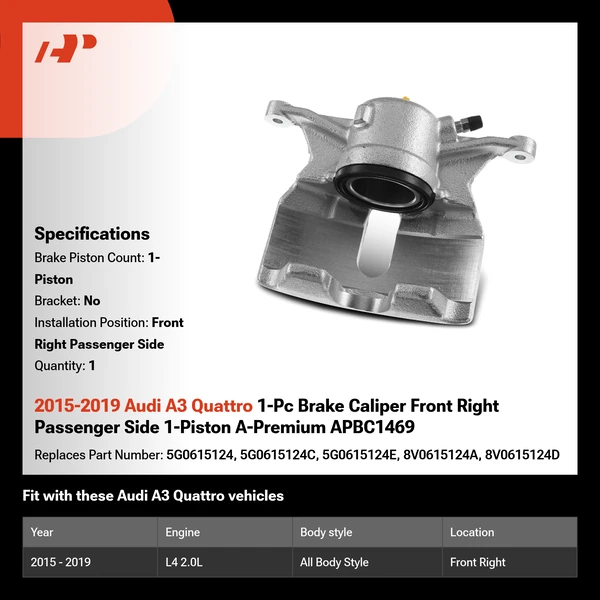 2015-2019 Audi A3 Quattro 1-Pc Brake Caliper Front Right Passenger Side 1-Piston A-Premium APBC1469