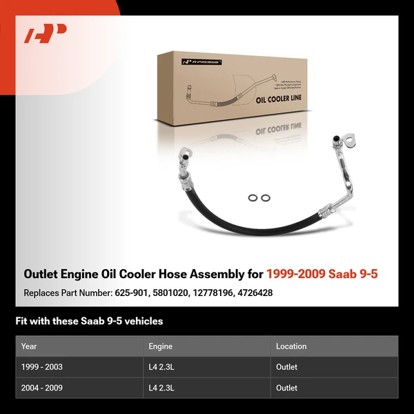 Outlet Engine Oil Cooler Hose Assembly for 1999-2009 Saab 9-5