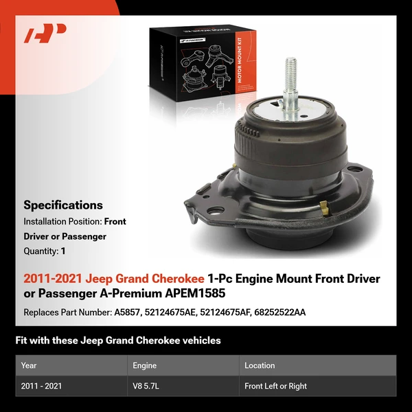 2011-2021 Jeep Grand Cherokee 1-Pc Engine Mount Front Driver or Passenger A-Premium APEM1585