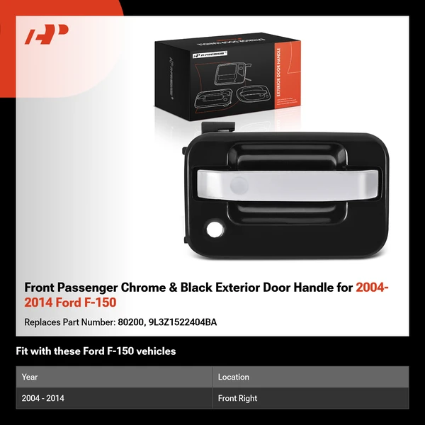Front Passenger Chrome & Black Exterior Door Handle for 2004-2014 Ford F-150