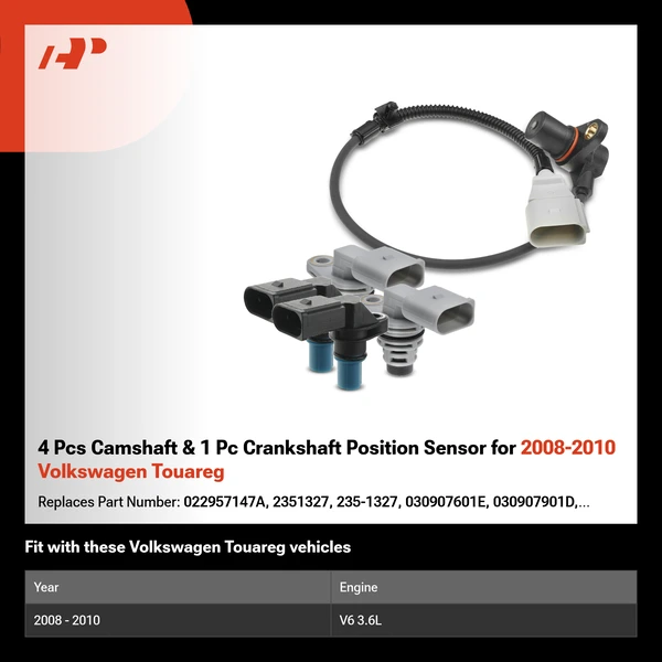 4 Pcs Camshaft & 1 Pc Crankshaft Position Sensor for 2008-2010 Volkswagen Touareg