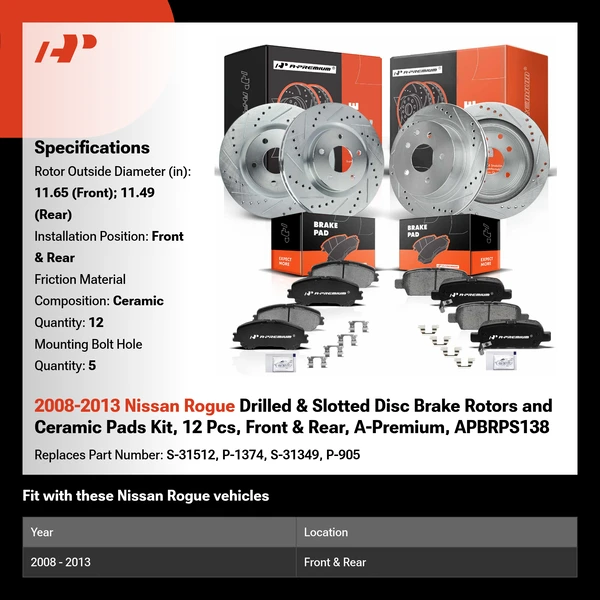 2008-2013 Nissan Rogue Drilled & Slotted Disc Brake Rotors and Ceramic Pads Kit, 12 Pcs, Front & Rear, A-Premium, APBRPS138