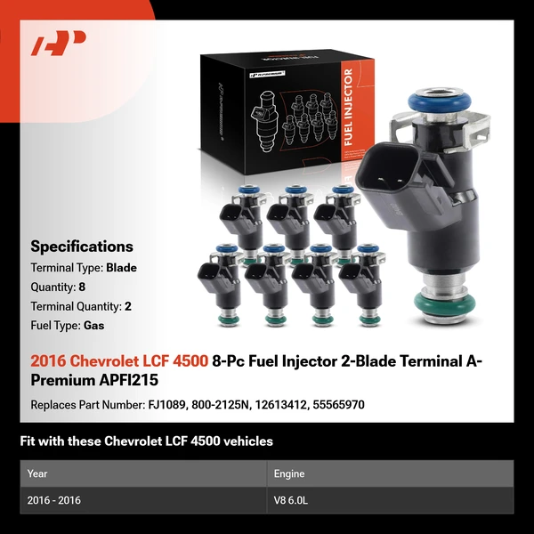 2016 Chevrolet LCF 4500 8-Pc Fuel Injector 2-Blade Terminal A-Premium APFI215