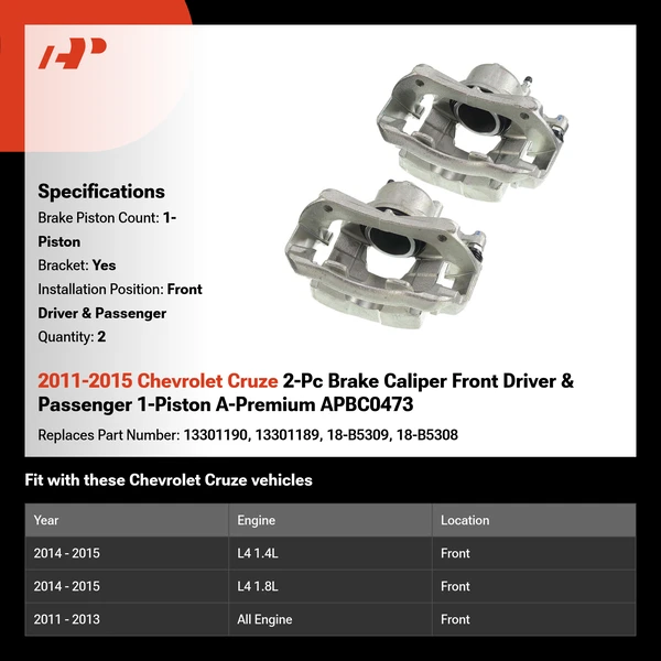 2011-2015 Chevrolet Cruze 2-Pc Brake Caliper Front Driver & Passenger 1-Piston A-Premium APBC0473