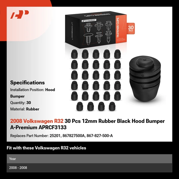 2008 Volkswagen R32 30 Pcs 12mm Rubber Black Hood Bumper A-Premium APRCF3133