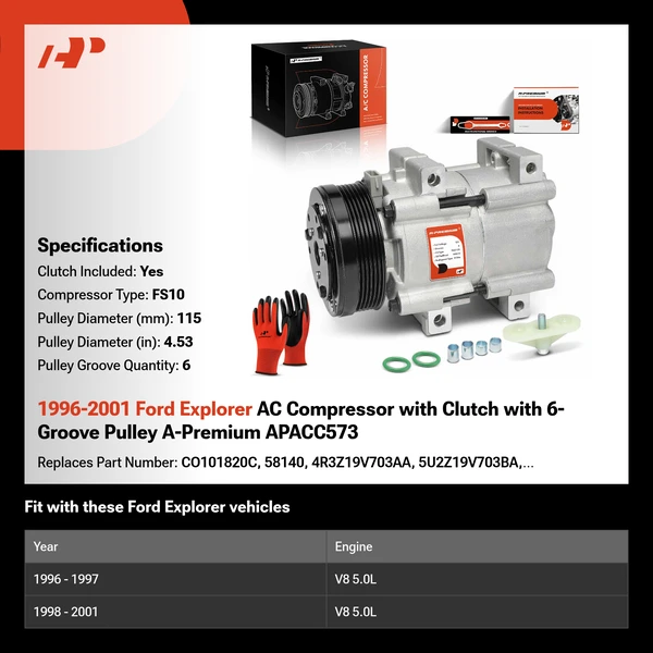 1996-2001 Ford Explorer AC Compressor with Clutch with 6-Groove Pulley A-Premium APACC573