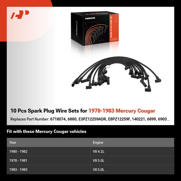 10 Pcs Spark Plug Wire Sets for 1978-1983 Mercury Cougar