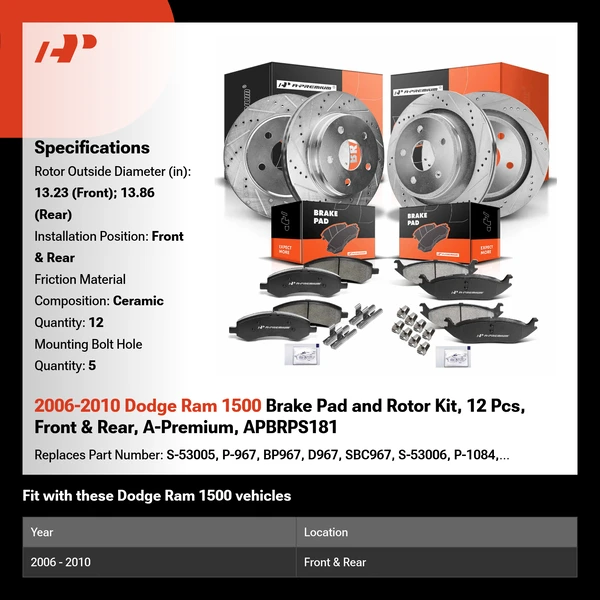 2006-2010 Dodge Ram 1500 Brake Pad and Rotor Kit, 12 Pcs, Front & Rear, A-Premium, APBRPS181