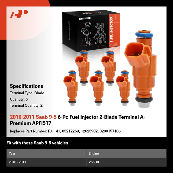 2010-2011 Saab 9-5 6-Pc Fuel Injector 2-Blade Terminal A-Premium APFI517