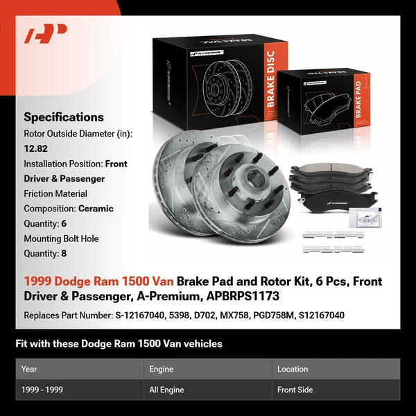 1999 Dodge Ram 1500 Van Brake Pad and Rotor Kit, 6 Pcs, Front Driver & Passenger, A-Premium, APBRPS1173