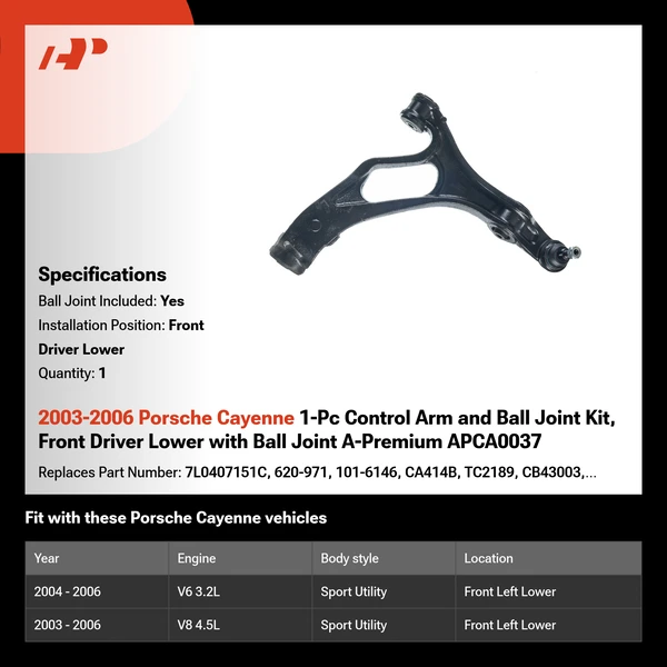 2003-2006 Porsche Cayenne 1-Pc Control Arm and Ball Joint Kit, Front Driver Lower with Ball Joint A-Premium APCA0037
