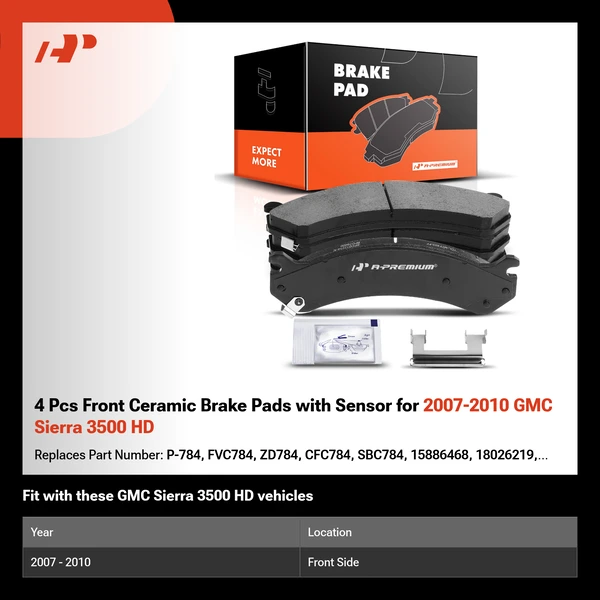 4 Pcs Front Ceramic Brake Pads with Sensor for 2007-2010 GMC Sierra 3500 HD