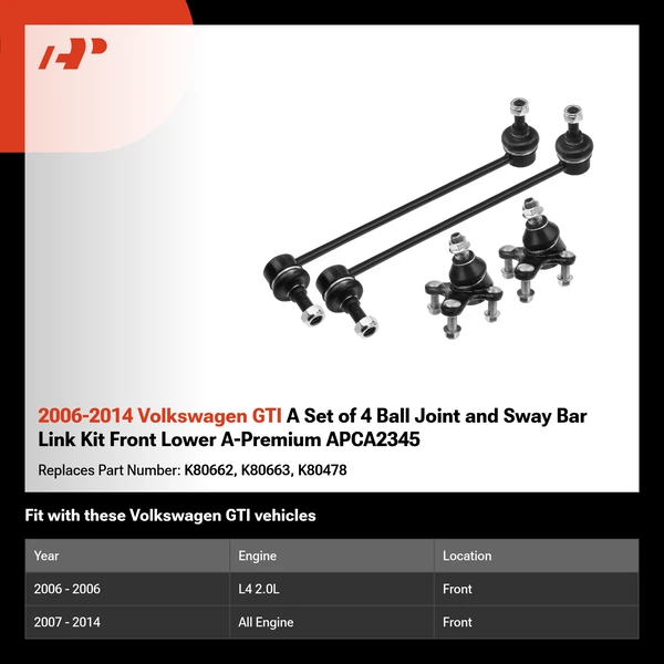 2006-2014 Volkswagen GTI A Set of 4 Ball Joint and Sway Bar Link Kit Front Lower A-Premium APCA2345