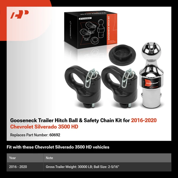 Gooseneck Trailer Hitch Ball & Safety Chain Kit for 2016-2020 Chevrolet Silverado 3500 HD
