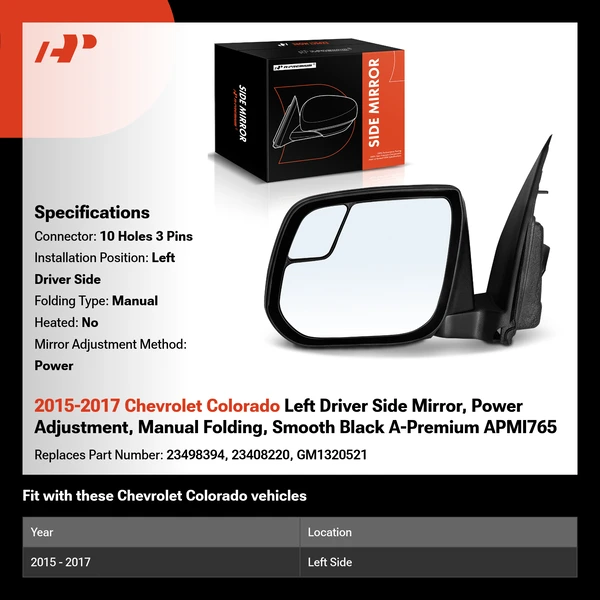 2015-2017 Chevrolet Colorado Left Driver Side Mirror, Power Adjustment, Manual Folding, Smooth Black A-Premium APMI765