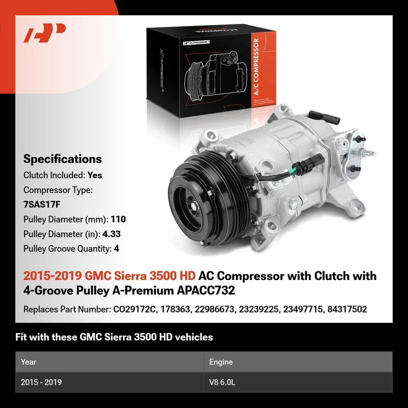 2015-2019 GMC Sierra 3500 HD AC Compressor with Clutch with 4-Groove Pulley A-Premium APACC732