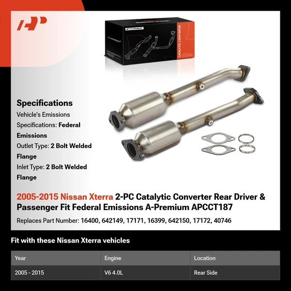 2005-2015 Nissan Xterra 2-PC Catalytic Converter Rear Driver & Passenger Fit Federal Emissions A-Premium APCCT187
