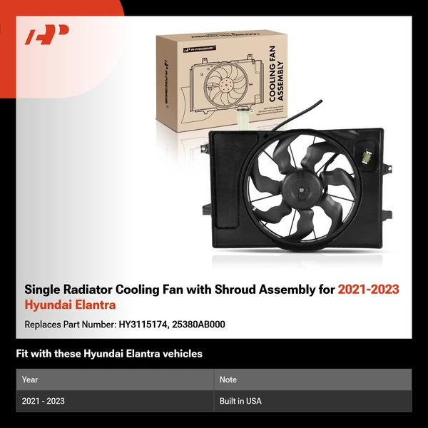 Single Radiator Cooling Fan with Shroud Assembly for 2021-2023 Hyundai Elantra