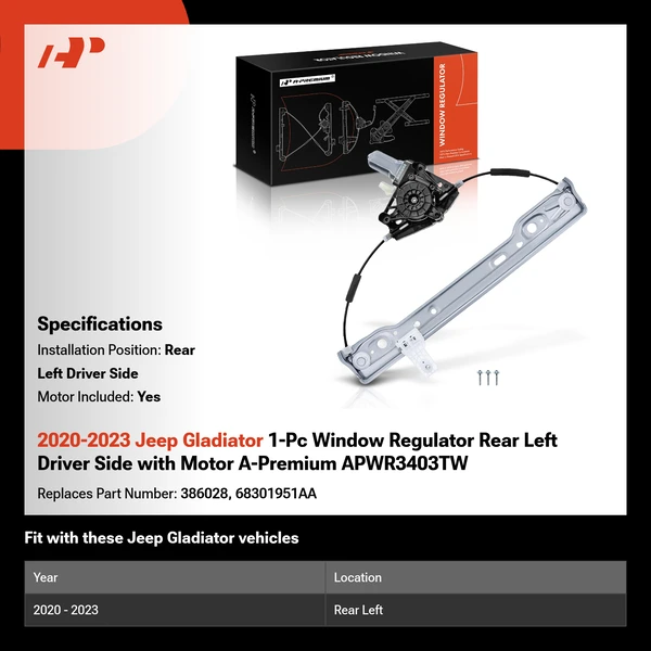2020-2023 Jeep Gladiator 1-Pc Window Regulator Rear Left Driver Side with Motor A-Premium APWR3403TW