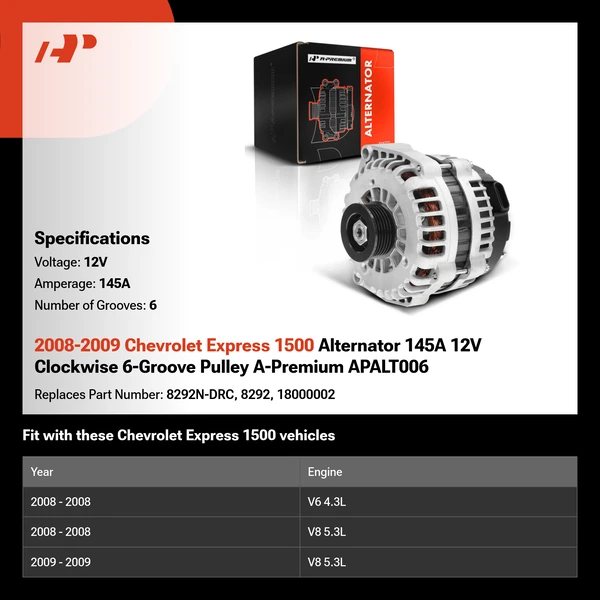 2008-2009 Chevrolet Express 1500 Alternator 145A 12V Clockwise 6-Groove Pulley A-Premium APALT006