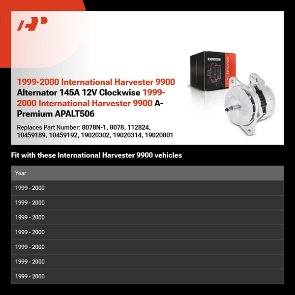1999-2000 International Harvester 9900 Alternator 145A 12V Clockwise 1999-2000 International Harvester 9900 A-Premium APALT506