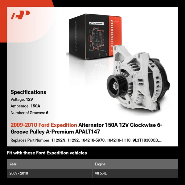 2009-2010 Ford Expedition Alternator 150A 12V Clockwise 6-Groove Pulley A-Premium APALT147
