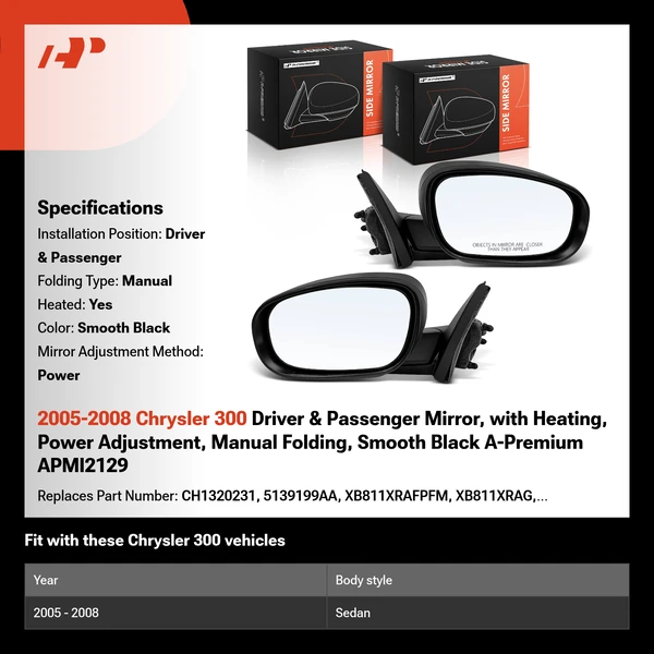 2005-2008 Chrysler 300 Driver & Passenger Mirror, with Heating, Power Adjustment, Manual Folding, Smooth Black A-Premium APMI2129