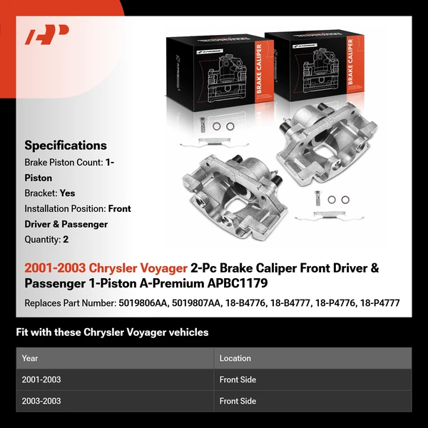 2001-2003 Chrysler Voyager 2-Pc Brake Caliper Front Driver & Passenger 1-Piston A-Premium APBC1179