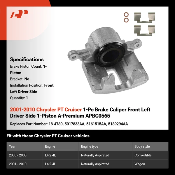 2001-2010 Chrysler PT Cruiser 1-Pc Brake Caliper Front Left Driver Side 1-Piston A-Premium APBC0565