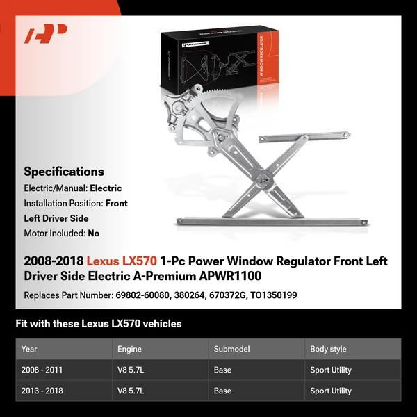 2008-2018 Lexus LX570 1-Pc Power Window Regulator Front Left Driver Side Electric A-Premium APWR1100