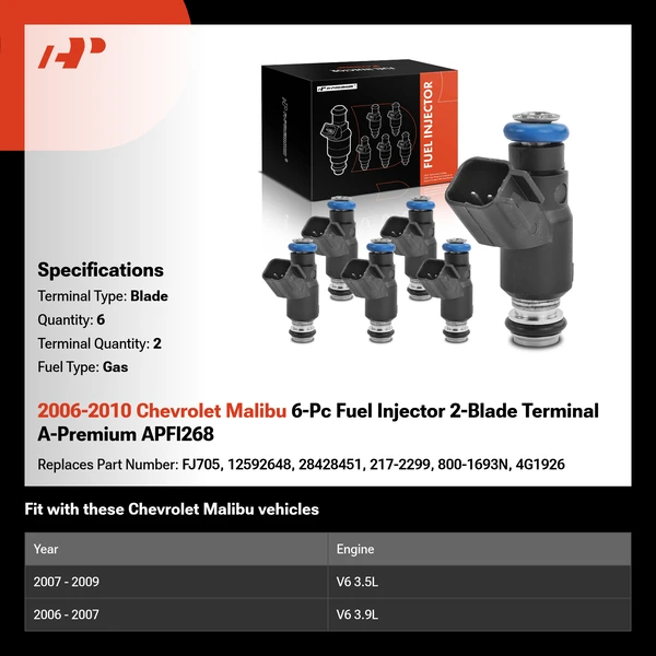 2006-2010 Chevrolet Malibu 6-Pc Fuel Injector 2-Blade Terminal A-Premium APFI268