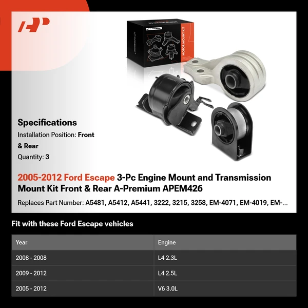 2005-2012 Ford Escape 3-Pc Engine Mount and Transmission Mount Kit Front & Rear A-Premium APEM426