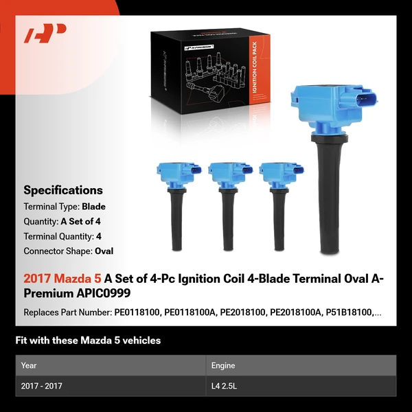 2017 Mazda 5 A Set of 4-Pc Ignition Coil 4-Blade Terminal Oval A-Premium APIC0999