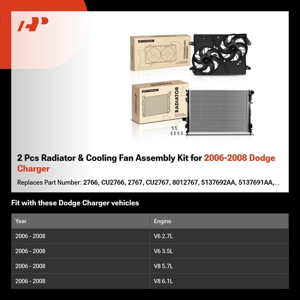 2 Pcs Radiator & Cooling Fan Assembly Kit for 2006-2008 Dodge Charger