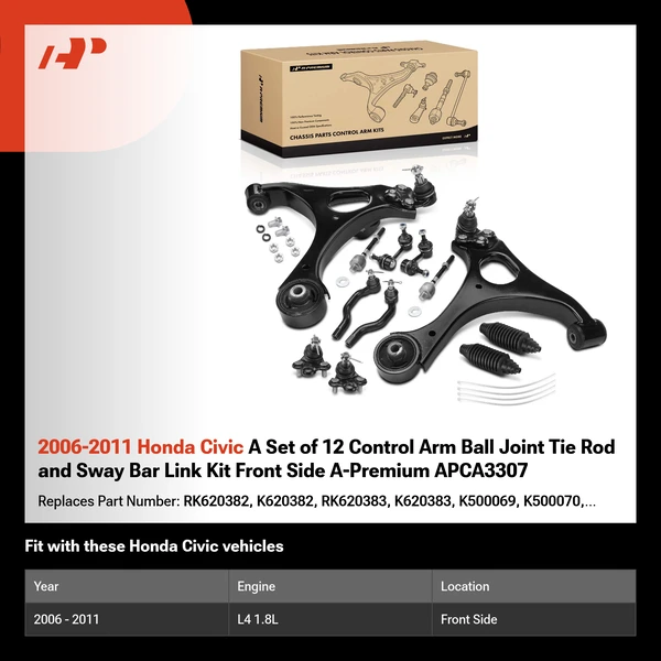 2006-2011 Honda Civic A Set of 12 Control Arm Ball Joint Tie Rod and Sway Bar Link Kit Front Side A-Premium APCA3307