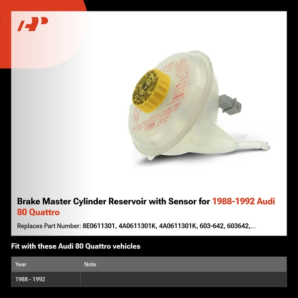 Brake Master Cylinder Reservoir with Sensor for 1988-1992 Audi 80 Quattro