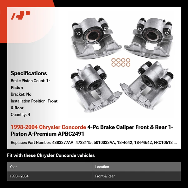 1998-2004 Chrysler Concorde 4-Pc Brake Caliper Front & Rear 1-Piston A-Premium APBC2491