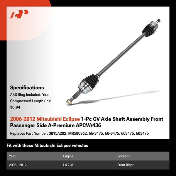 2006-2012 Mitsubishi Eclipse 1-Pc CV Axle Shaft Assembly Front Passenger Side A-Premium APCVA436