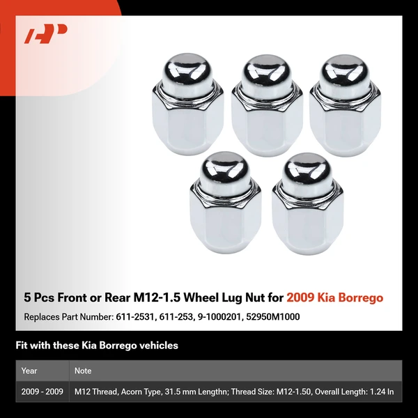 5 Pcs Front or Rear M12-1.5 Wheel Lug Nut for 2009 Kia Borrego