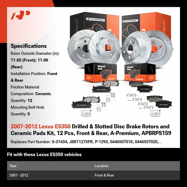 2007-2012 Lexus ES350 Drilled & Slotted Disc Brake Rotors and Ceramic Pads Kit, 12 Pcs, Front & Rear, A-Premium, APBRPS159