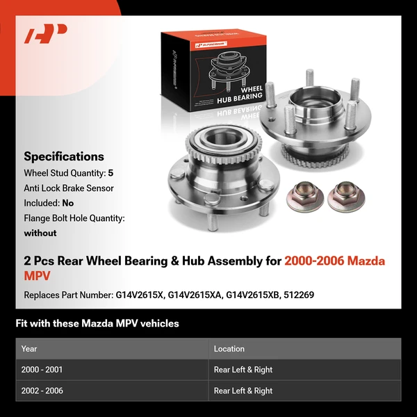 2 Pcs Rear Wheel Bearing & Hub Assembly for 2000-2006 Mazda MPV