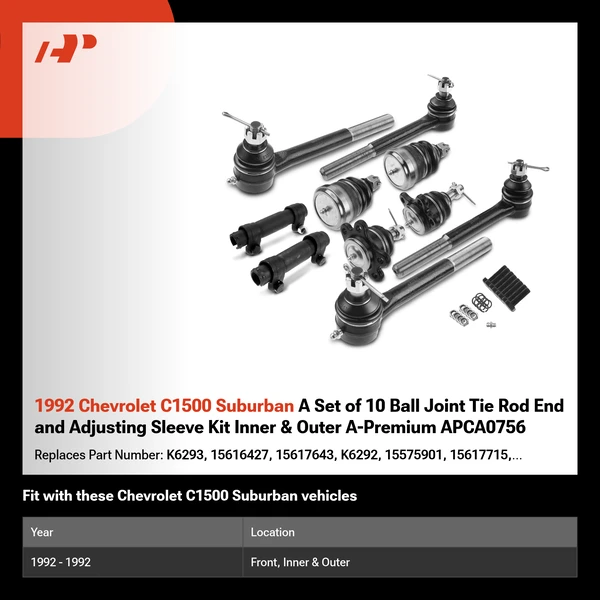 1992 Chevrolet C1500 Suburban A Set of 10 Ball Joint Tie Rod End and Adjusting Sleeve Kit Inner & Outer A-Premium APCA0756